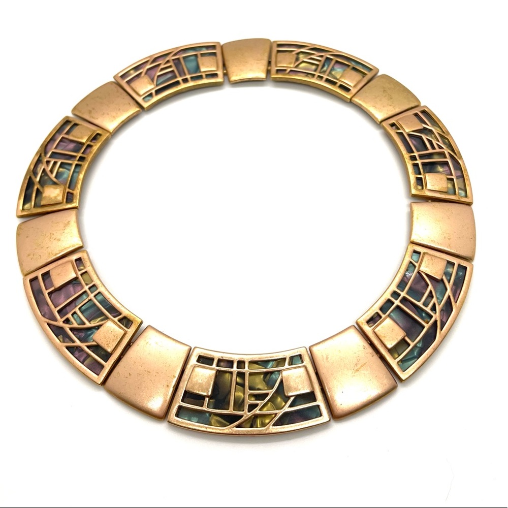 Vintage Monet All That Jazz Stained Glass Panel Collar Necklace Rose Gold 1980s